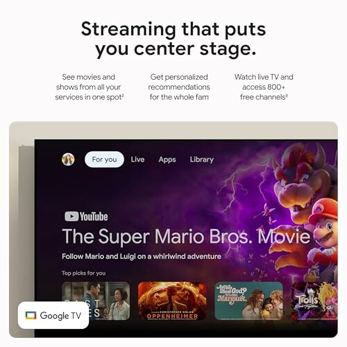 Google TV interface showing streaming options, including The Super Mario Bros. Movie.