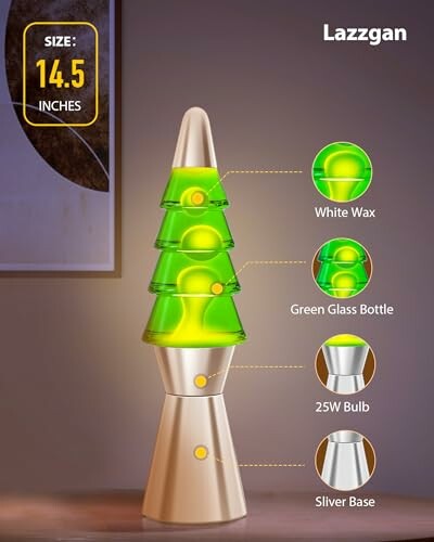 Green lava lamp with labeled parts and dimensions.