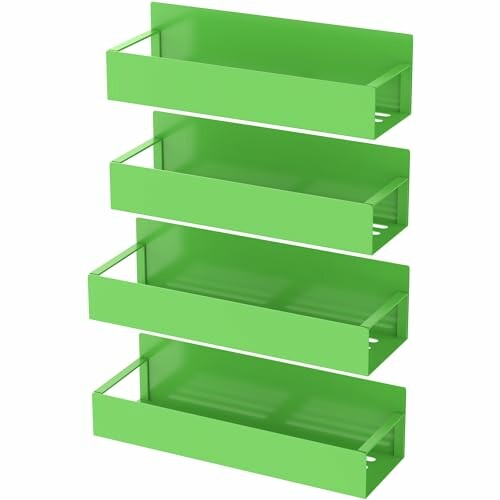 Set of four green wall-mounted storage shelves.