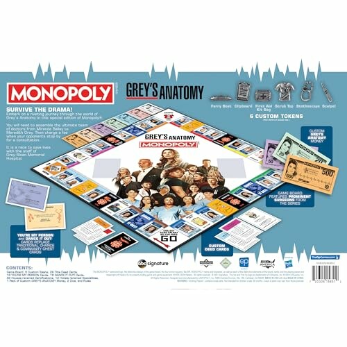 Grey's Anatomy themed Monopoly board game with custom tokens and cards.