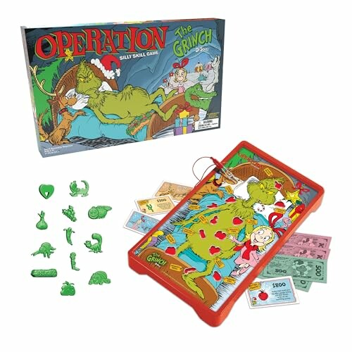 Grinch-themed Operation board game with pieces and play money.