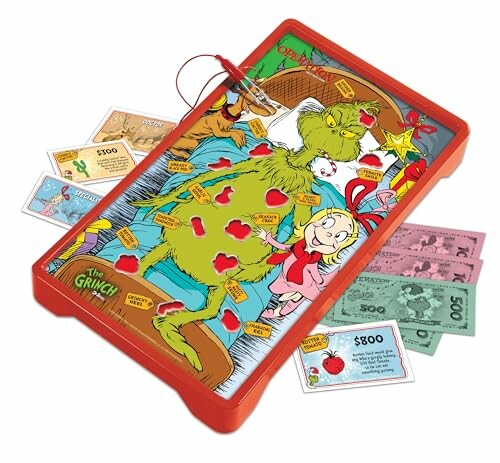 Grinch-themed Operation board game with cards and play money.