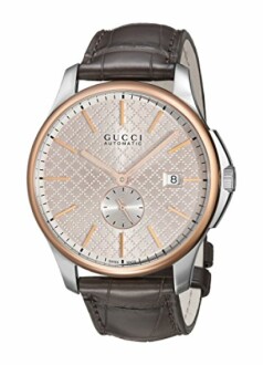 Men's Gucci watch with brown leather strap and silver dial.