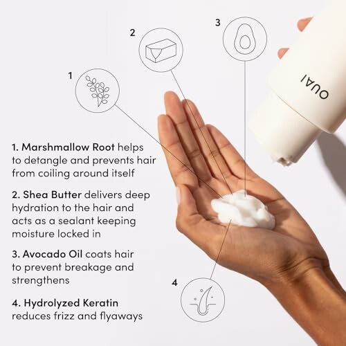 Hand holding hair product with key ingredients and benefits listed.