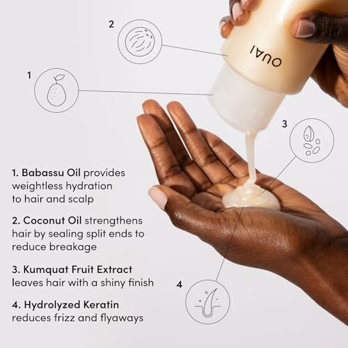 Hands pouring hair product with ingredient benefits listed.