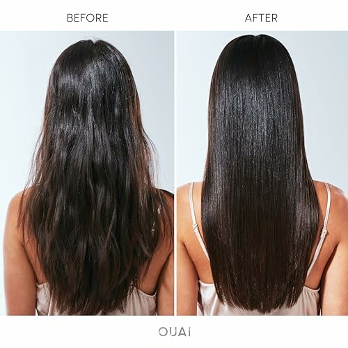 Before and after comparison of hair treatment showing smoother, shinier hair.