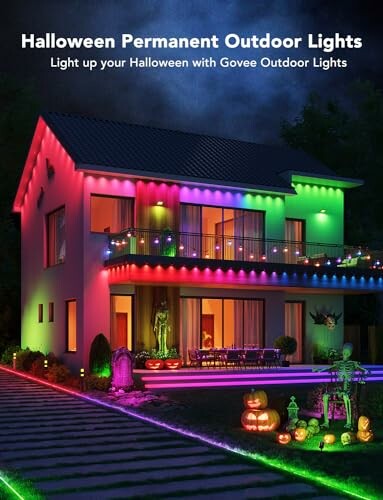 House decorated with colorful Halloween outdoor lights.