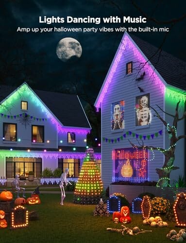 Halloween-themed houses with colorful lights and decorations.