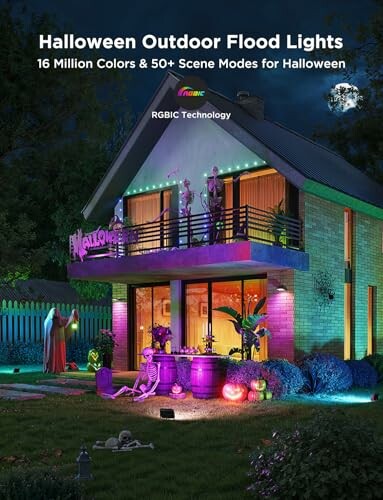 House decorated with colorful Halloween flood lights.