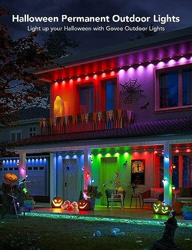 House decorated with colorful Halloween lights and decorations.