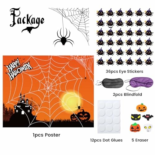 Halloween party game set with poster, eye stickers, blindfolds, dot glues, and erasers.