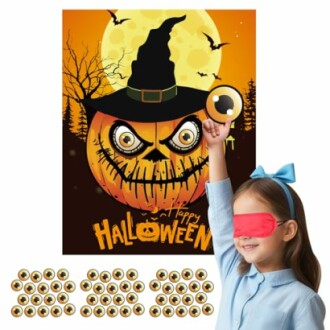 Child playing Halloween pin game with pumpkin poster.