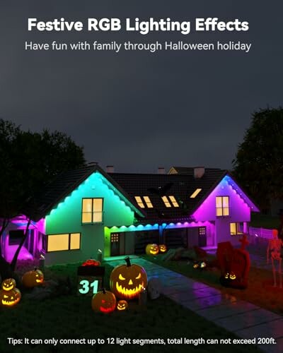 House decorated with festive RGB lighting and Halloween decorations.