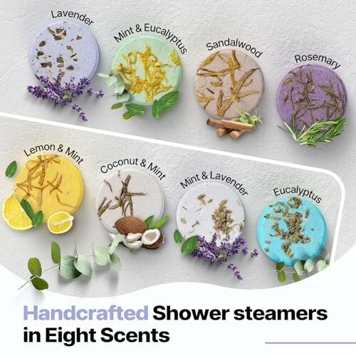 Handcrafted shower steamers in eight scents displayed with herbs and ingredients.