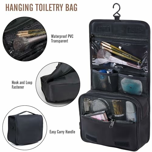 Black hanging toiletry bag with compartments and accessories.