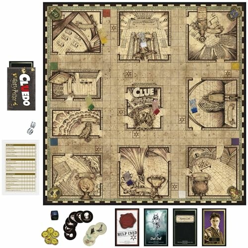 Harry Potter themed Clue board game with pieces and cards.