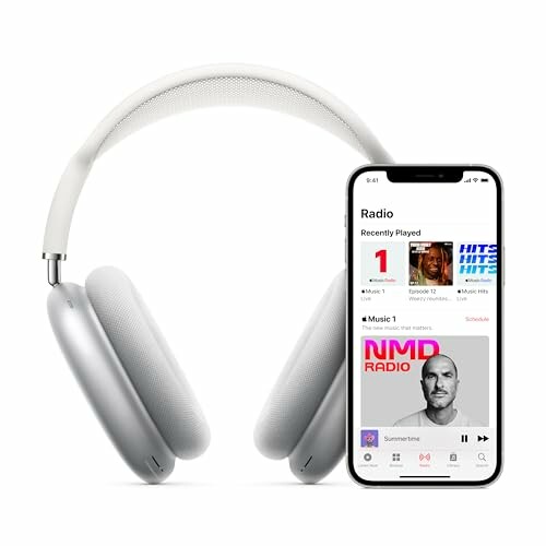 Wireless headphones and smartphone displaying music app