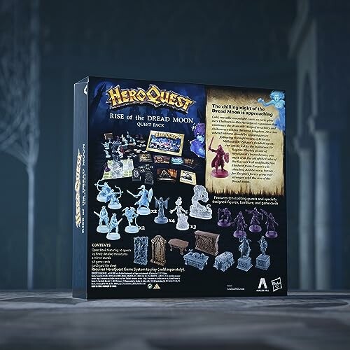 Back of HeroQuest board game box with game pieces and quest details.