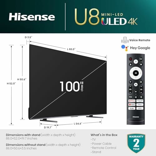 Hisense U8 Mini-LED 4K TV dimensions and remote control.