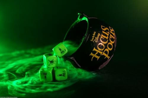 Hocus Pocus cauldron with green dice emitting smoke