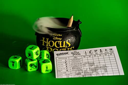 Hocus Pocus themed Yahtzee game with cauldron and dice.