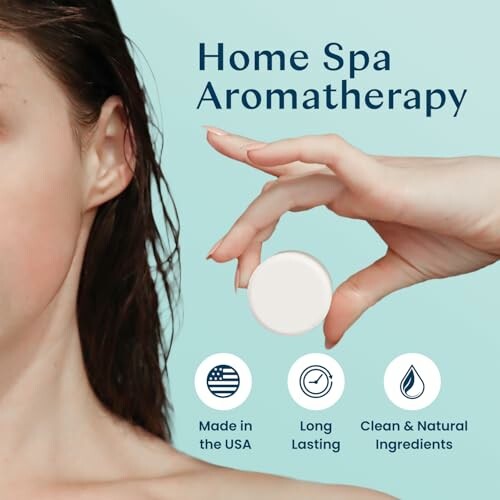 Woman holding aromatherapy product with home spa benefits.