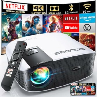 Home theater projector with streaming service logos and remote control.