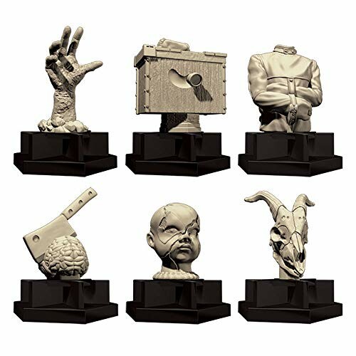 Horror-themed chess pieces including a hand, box, straightjacket, cleaver with brain, cracked doll head, and goat skull.