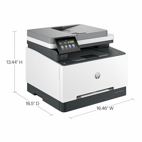 HP Color LaserJet Pro printer with dimensions