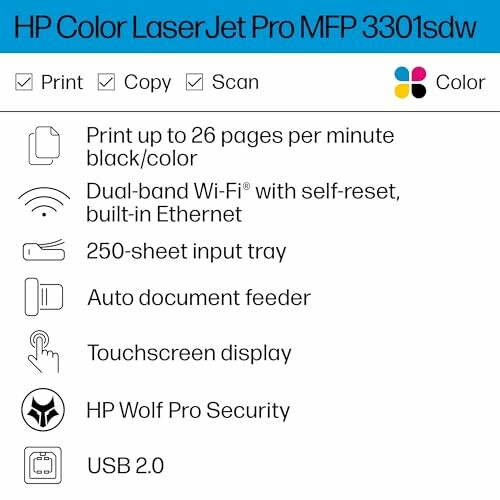 HP Color LaserJet Pro MFP 3301sdw features and specifications.