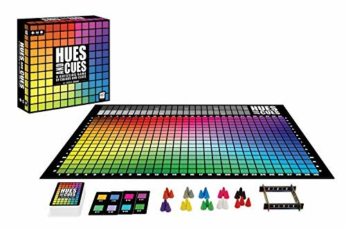 Hues and Cues board game with colorful grid, box, cards, and player pieces.