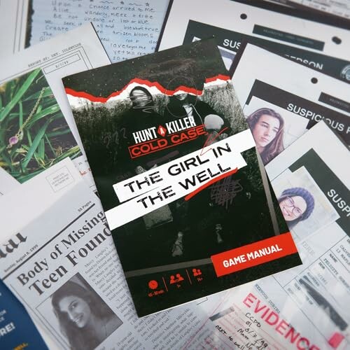 Game manual for Hunt A Killer Cold Case: The Girl in the Well, surrounded by evidence and newspaper clippings.