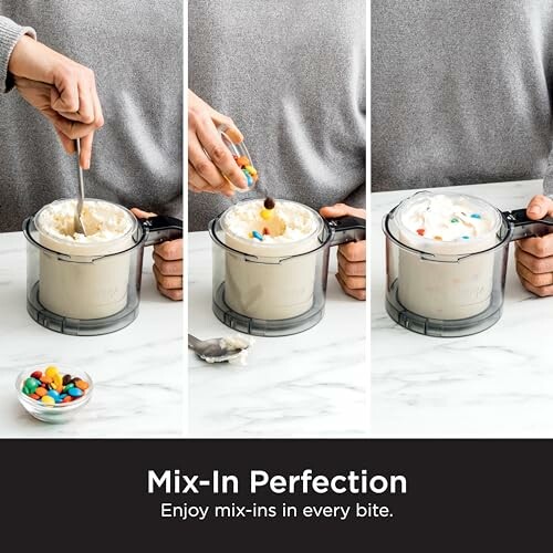 Three-step process of mixing candy into ice cream.