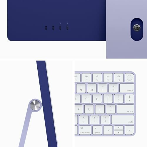 Close-up collage of an iMac stand, keyboard, and ports.