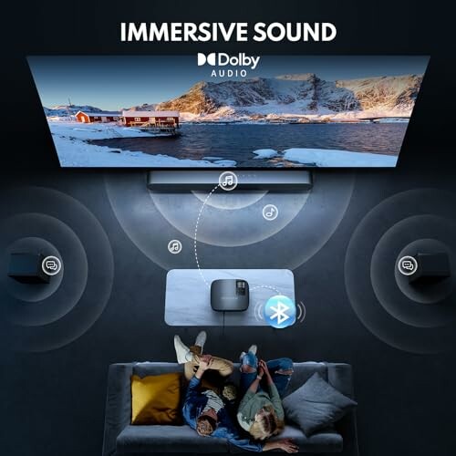 Immersive sound experience with Dolby Audio, featuring a TV, soundbar, and people on a couch.