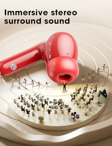 Large red earbud with tiny orchestra playing around it, illustrating immersive stereo surround sound.