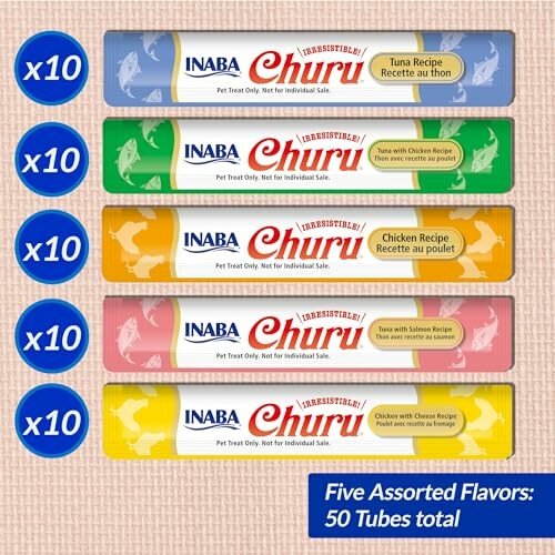 Inaba Churu pet treats in five assorted flavors with 50 tubes total.