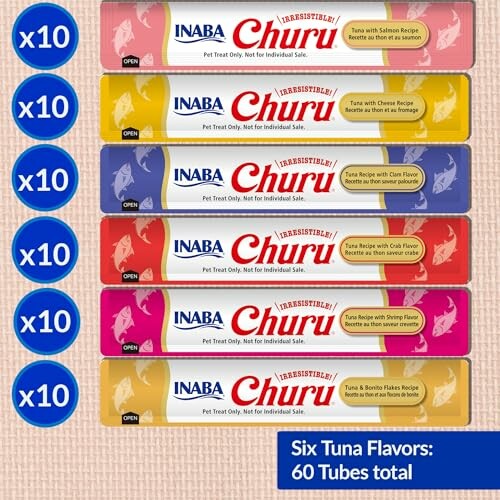 Inaba Churu pet treats, six tuna flavors, 60 tubes total.