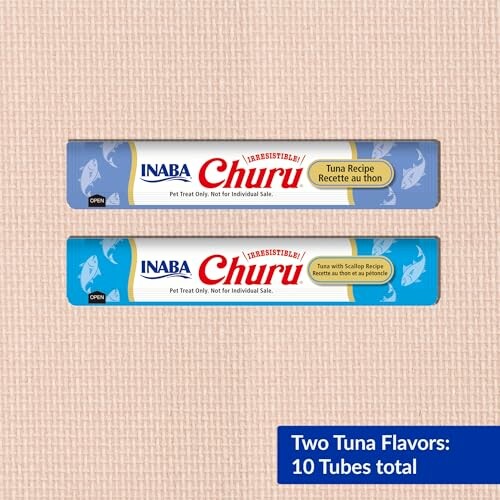 Two Inaba Churu tuna flavor tubes on a textured background.