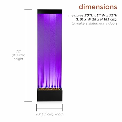 Indoor water fountain with purple lighting and dimensions labeled.