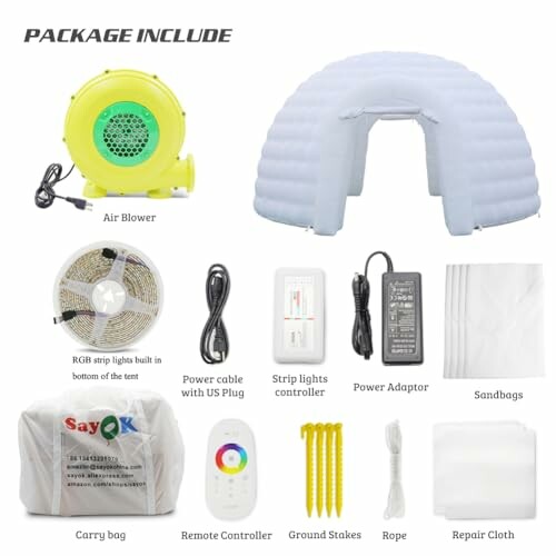 Contents of inflatable igloo package with air blower, RGB strip lights, power cable, controllers, power adaptor, sandbags, carry bag, remote control, ground stakes, rope, and repair cloth.