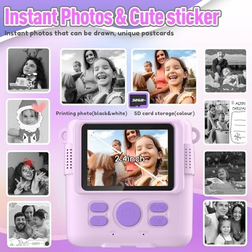 Kids instant photo camera with screen displaying photos and stickers.