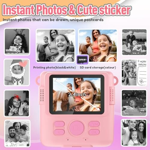 Pink instant photo camera with screen and photo samples.