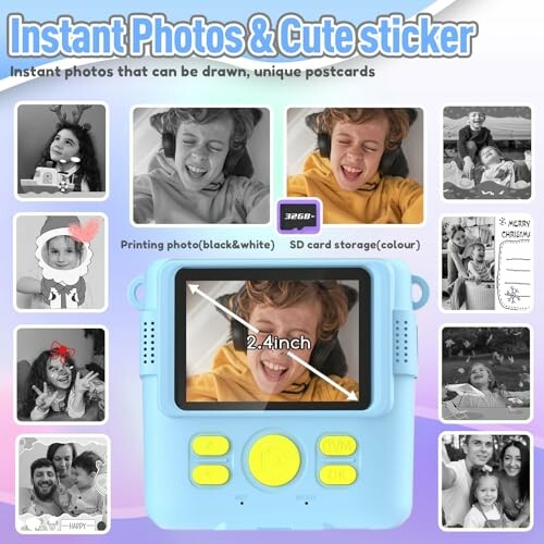 Children using an instant photo camera with cute stickers and a 2.4-inch display.