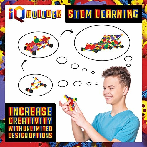 Child holding a colorful construction toy with design ideas.