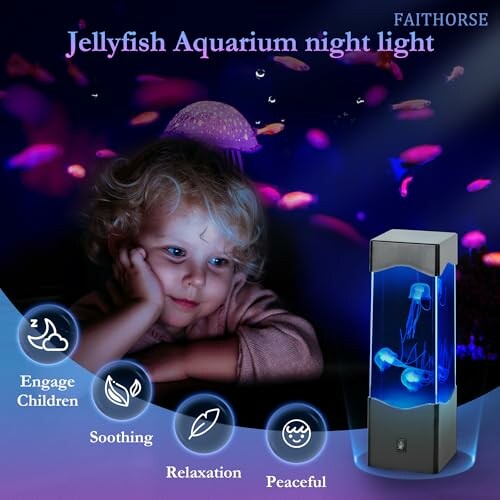 Child watching jellyfish aquarium night light with soothing icons.