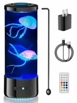 Jellyfish lamp with remote, adapter, and USB cable.