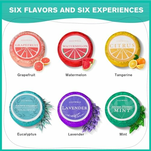 Six Jojo Wellness shower steamers in grapefruit, watermelon, tangerine, eucalyptus, lavender, and mint varieties.