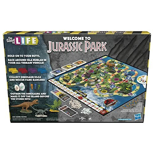 Jurassic Park themed board game box with game pieces and board.