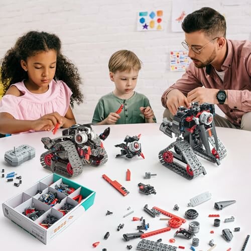 Children and adult assembling robotics kits at a table.